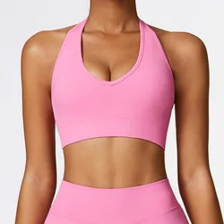 Wholesale Workout Active Wear Crop Top Mujer Sexy Back Activewear Custom Logo Gym Fitness Backless Halter Sports Bra For Women