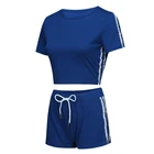Stripe Sport Womens Gym Shorts Gym Stripe Crop T-shirt Fitness Shorts Sport Suit Yoga 2 Piece Set Women Biker Tracksuit