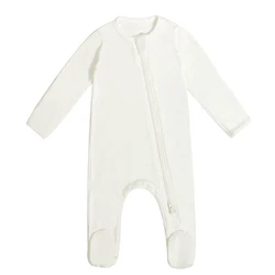 Custom Logo Long Sleeve Zipper Newborn Romper Plain Footie Sleeper Baby Soft Bamboo Pajamas