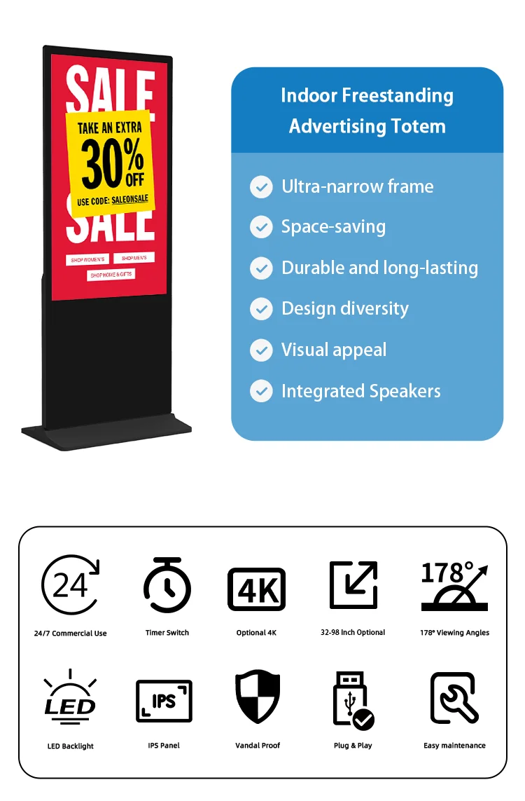 55 Inch Free Sample Available Ultra Thin Totem Display Touch Screen Kiosk Advertising Player LCD Floor Standing Digital Signage factory