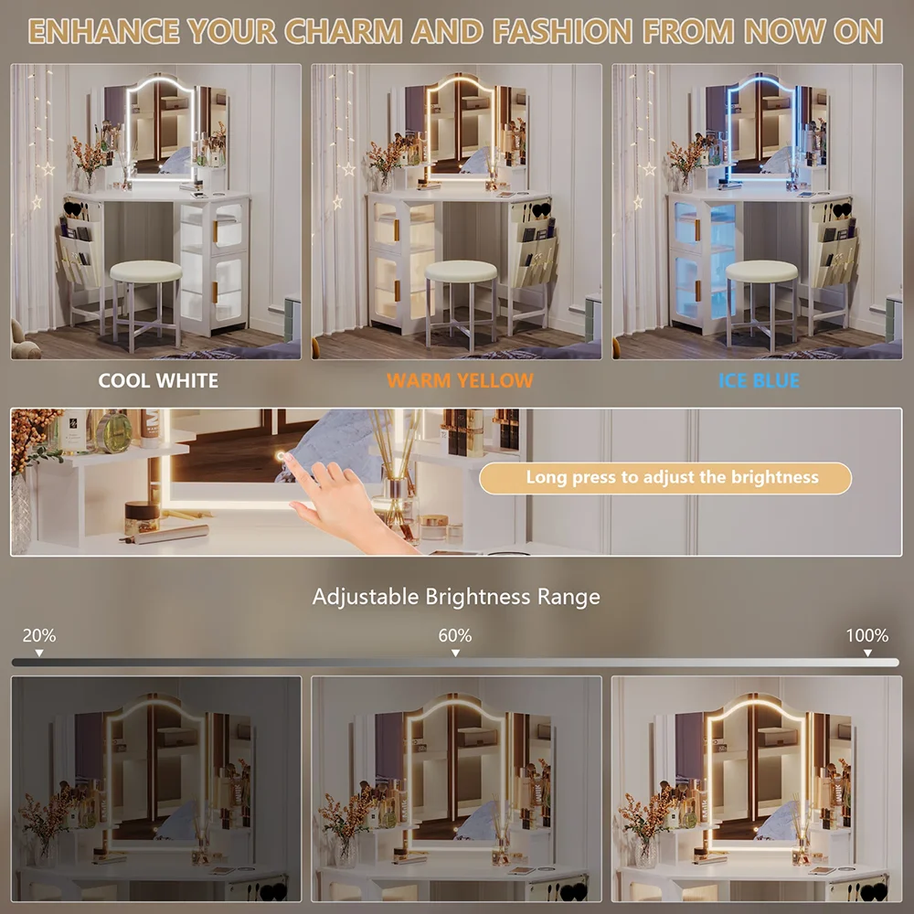Modern Nordic Style Vanity Desk with Lighted Mirror MDF Wood Makeup Table with Storage for Bedroom Hotel or Dressing Room details