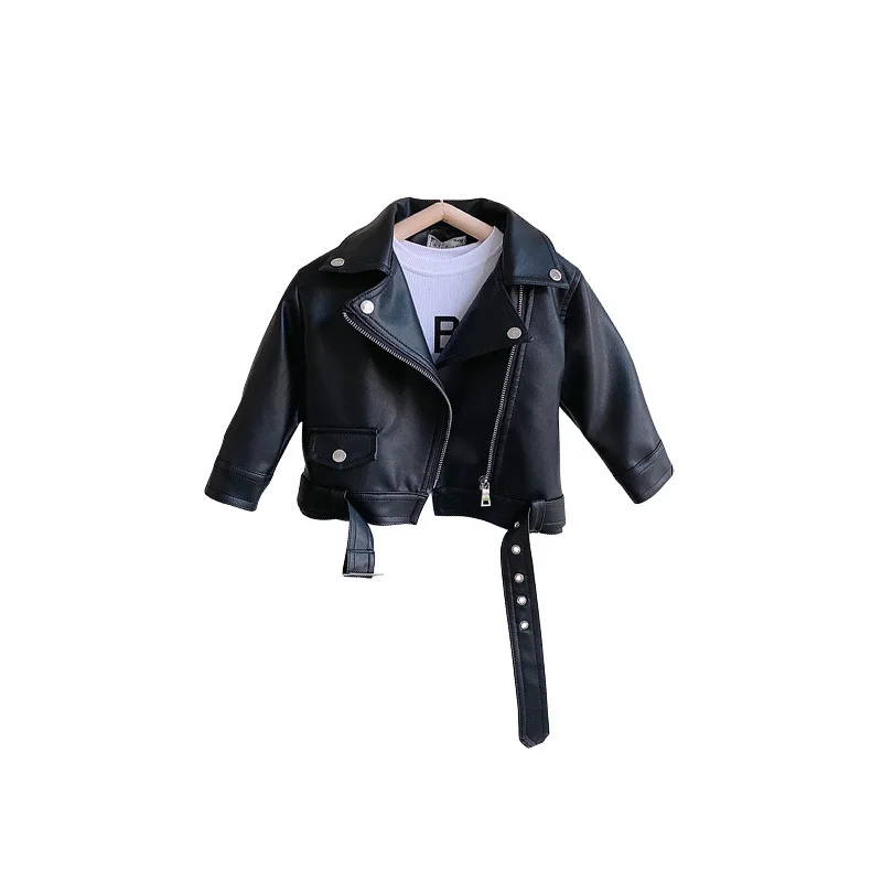 2023 New Toddler Girl Black Zipper Pu Leather Soft Cargo Jacket for Autumn Winter 2-7 Years