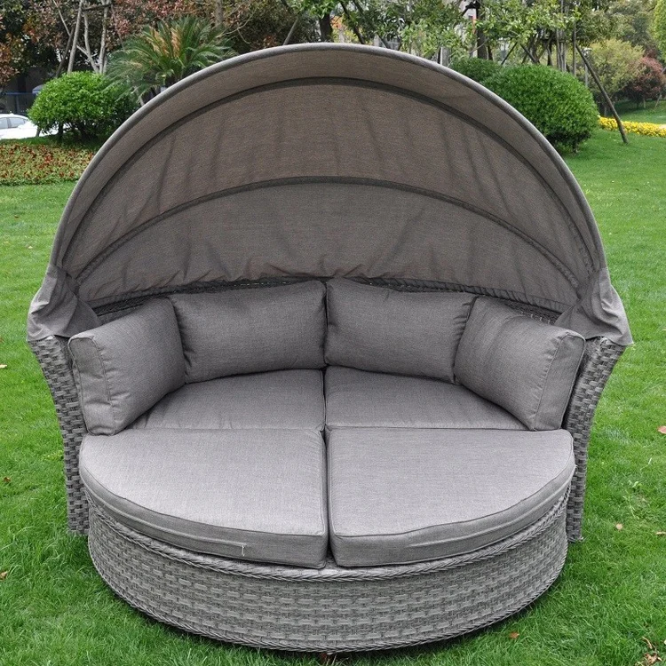 Large Round Rattan Bali Sun Lounge Day Bed Sofa Table Furniture Set Rain Cover 