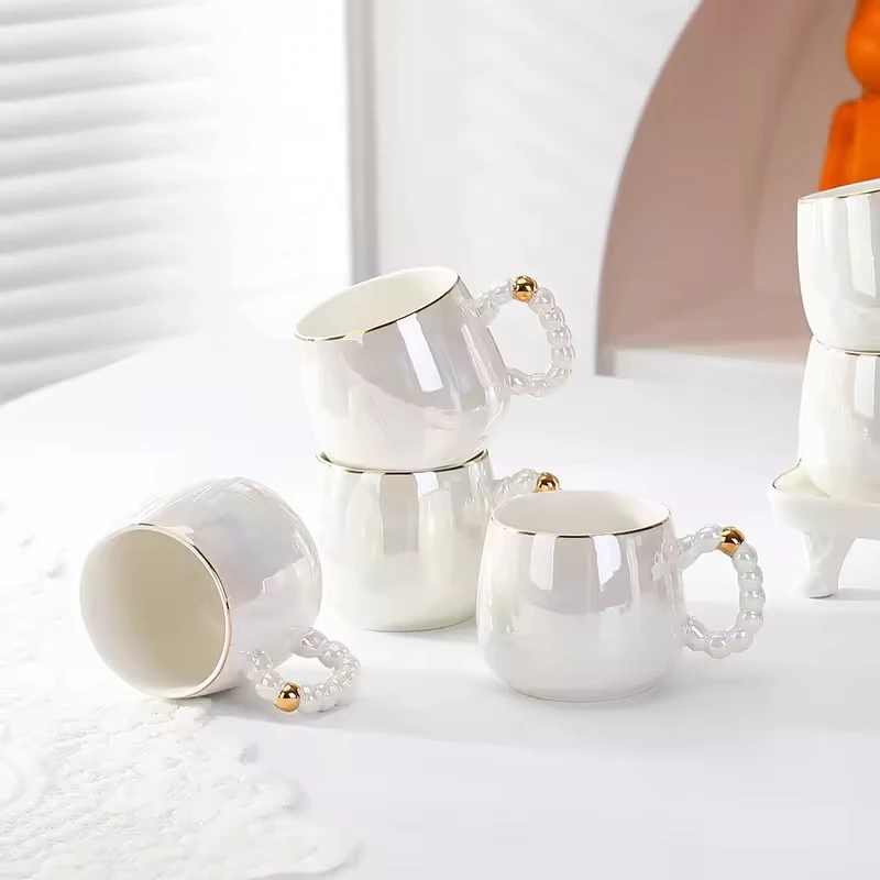 Nordic Pearl Glass Ceramic Water Set Color Glazed Gold Edge Coffee Cup Tea Set with Tray