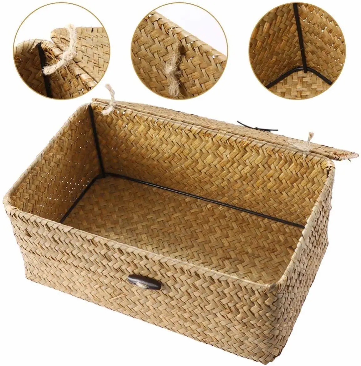 Custom Home Bath Cosmetic Towel Organization Handicraft Handmade Seaweed Finishing Storage Box Woven Seagrass Basket With Lid