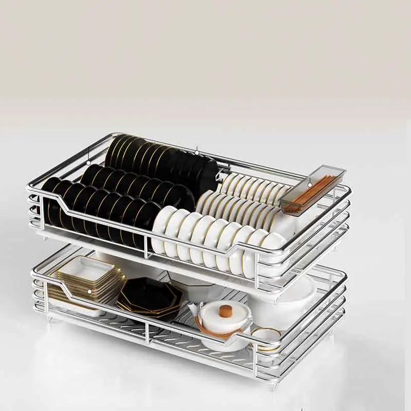 Chinese Stainless Steel Kitchen Drawer Basket Stainless Steel Basket Kitchen Cabinet Pull Out Basket Storage Rack Double Drawer