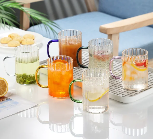 hot selling high borosilicate juice drinking glass mug with colored handle OEM wholesale coffee glass mug