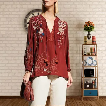 Custom embroidered summer Top women clothing ethnic vintage linen ladies blouse
