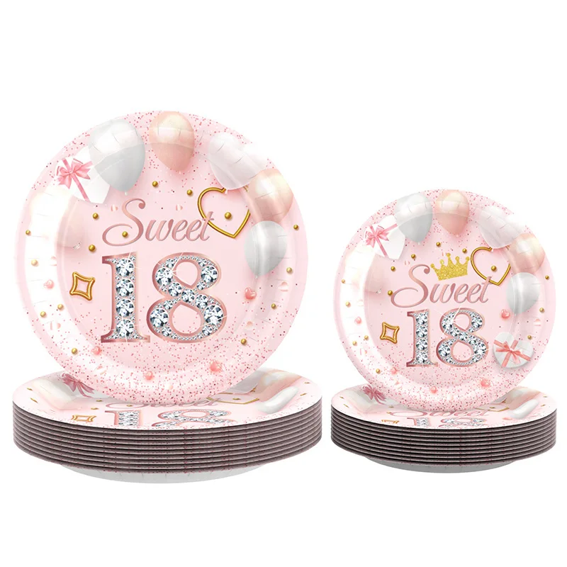 New 18th Girl's Birthday Disposable Tableware Paper Plate Table Cloth Set For Birthday Party Decoration Supplies