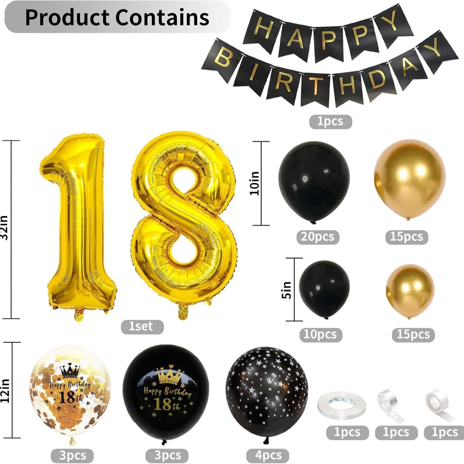 18th Birthday Decorations Boys Black Gold Balloons Arch Kit with Number Foil Confetti Balloon Happy Birthday Banner Party Decor