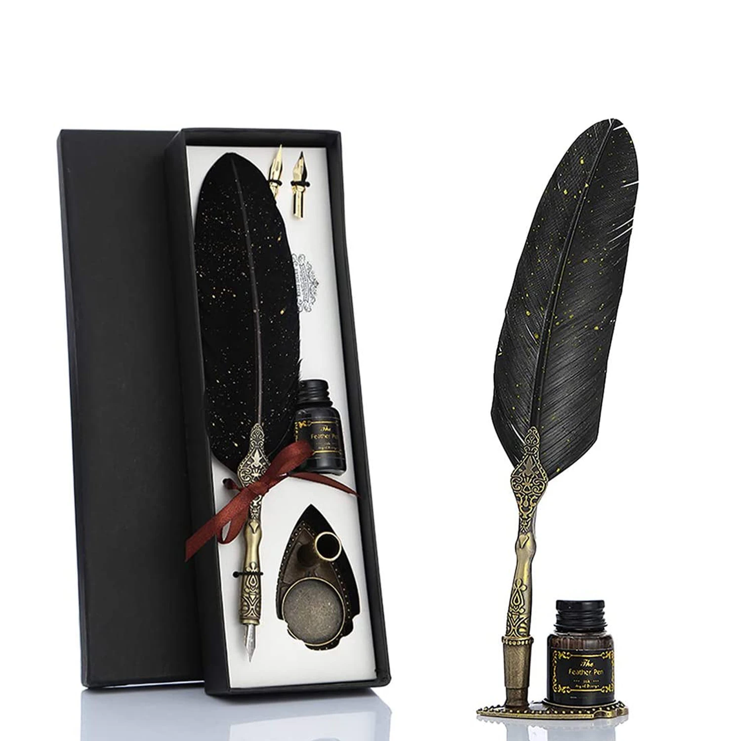 Retro Business Gift Set Luxury Vintage Glittering Quill Feather Signature Pen Calligraphy Writing Dip Pen Standing Pen Set