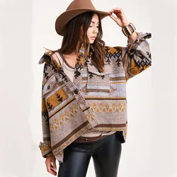 2023 Fashion Wholesale Fall Winter Womens Western Shackets Ladies Long Sleeve Button Down Vintage Aztec Shacket