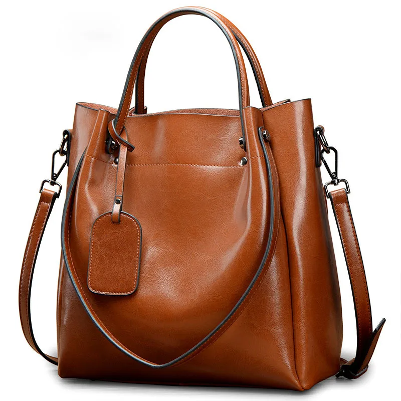 Women's Tote Handbags New Designer Oil Waxed Genuine Leather Fashion Luxury Designer Ladies Shoulder Hand Bags Handbags