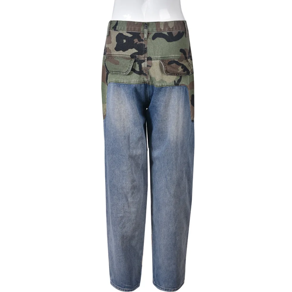 Summer Fashion Patchwork Camouflage Denim Women Pants With Pocket Streetwear Women Denim Jeans