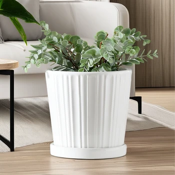 2023 European-Style White Stripe Ceramic Pots Smart Home Products Smart Garden Flower Vase Tray Factory Wholesale