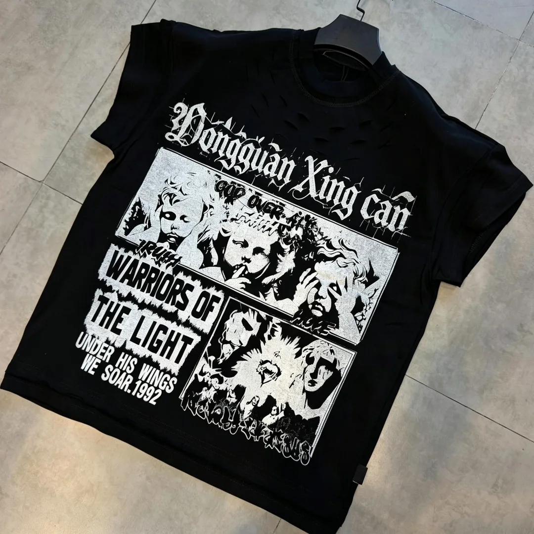 product custom men summer vintage distressed neckline cropped t shirt screen printed streetwear short sleeve tee with oem custom service-4
