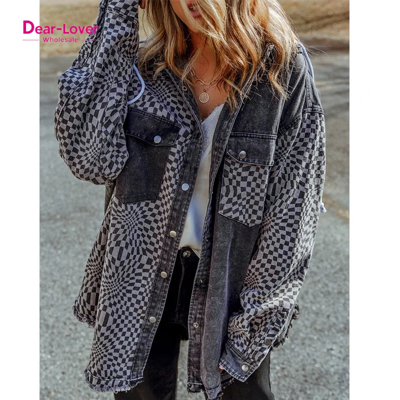 Dear-Lover Gray Checked Patchwork Frayed Hem Hooded Shacket Outerwear Jean Denim Jackets For Ladies