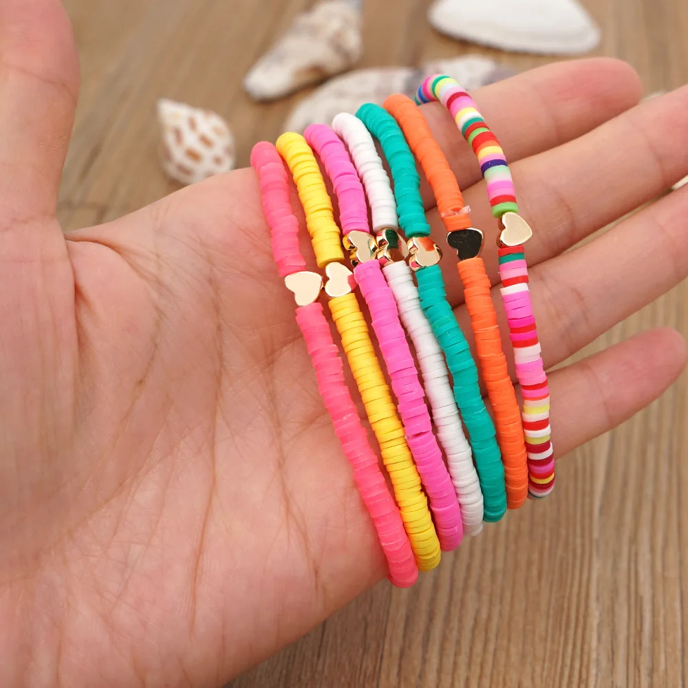 4mm Hot Boho Polymer Clay Elastic Rope Heart Beaded Bracelet Women Fashion Colorful String Bracelet Jewelry For Gift