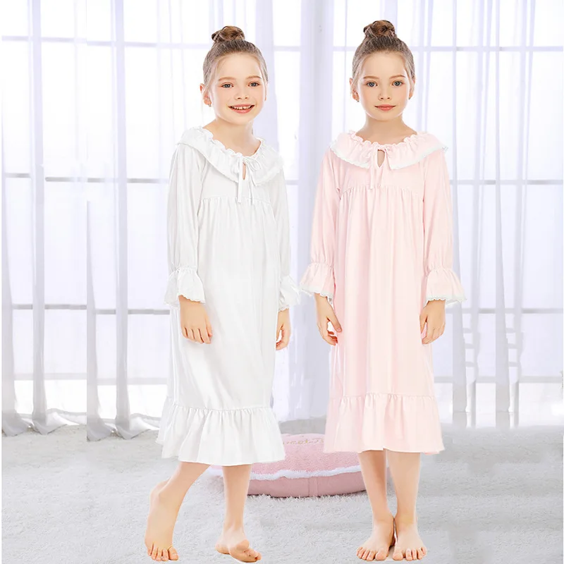S19 2022 spring new arrival  lounge wear Sleepwear Girls  Cotton Fabric Pleated Kid Pajamas Luxury Winter Girl Night Dress