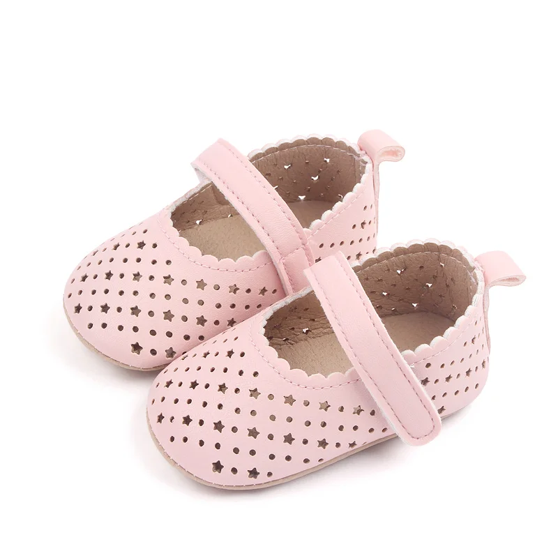 New Pu Leather Face Solid Color Hollow Circle Star Baby Soft Soled Princess Toddler Leather Shoes factory
