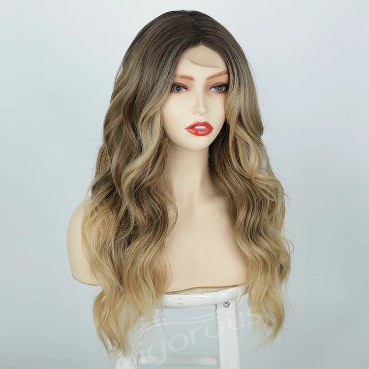 Ombre Highlight Hair For Women Blonde Brown Long Wavy Lace Wig Middle