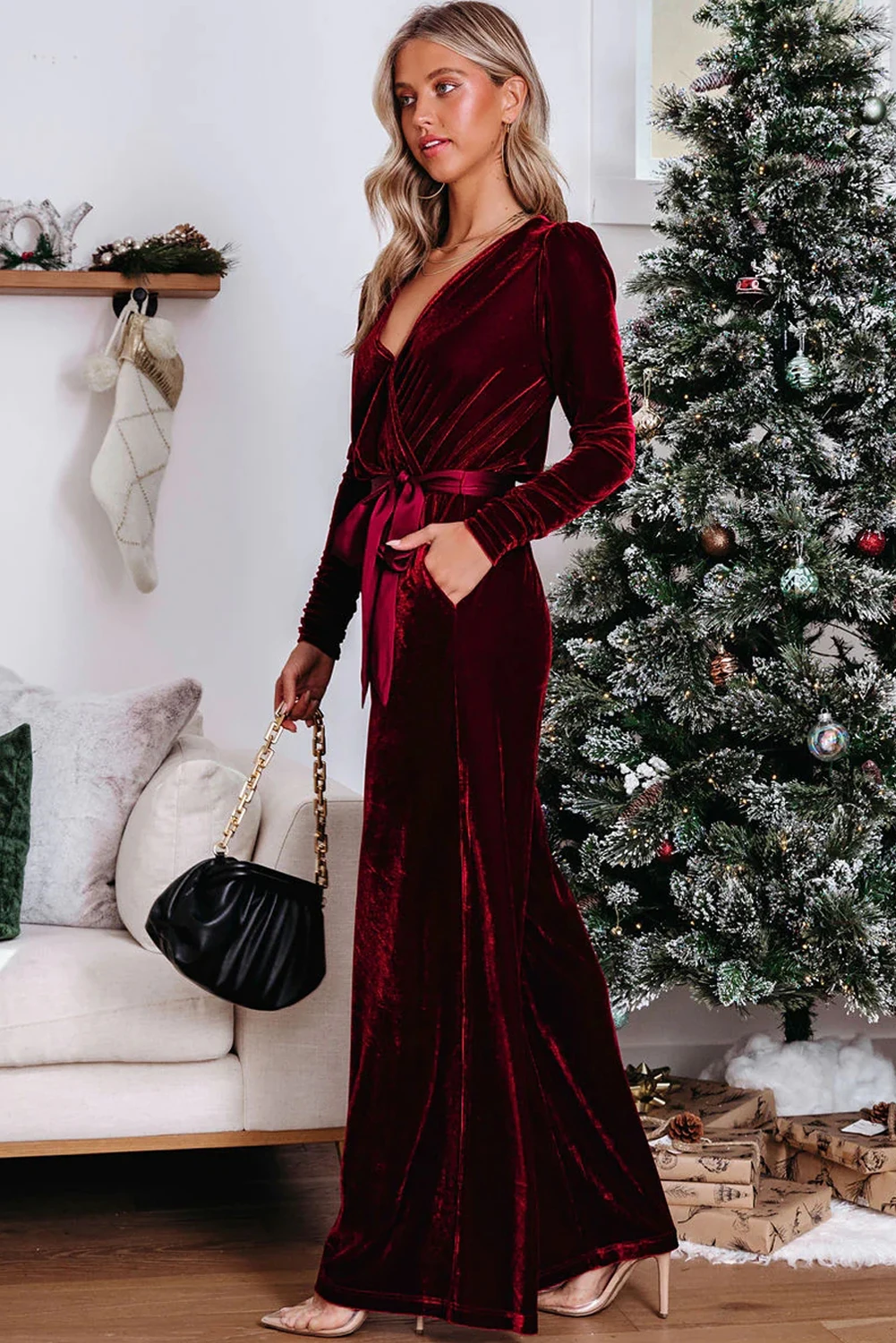 Dear-Lover Fiery Red Velvet Pocketed Cut Out Back Long Sleeve Flare Wide Leg Sexy Elegant Women's Chic Jumpsuit For Wedding