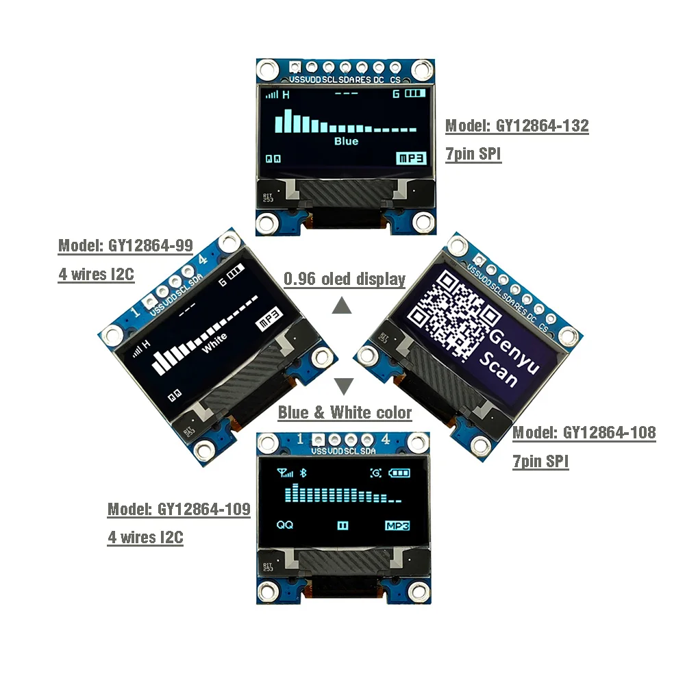 White Blue 0 96inch Oled Ssd1306 0 96 Oled Display I2c 4 Wires 7pin