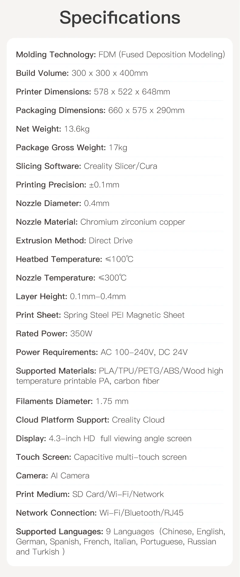 Creality CR-10 Smart PRO, AI, WIFI, Dual Extruder, PEI, HD Camera, Print Lighting, Build Volume: 300x300x400mm