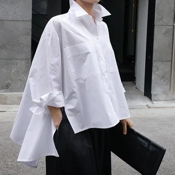 Wholesale 2021 spring and summer casual loose irregular blouse fashion large size commuter style long-sleeved white blouse
