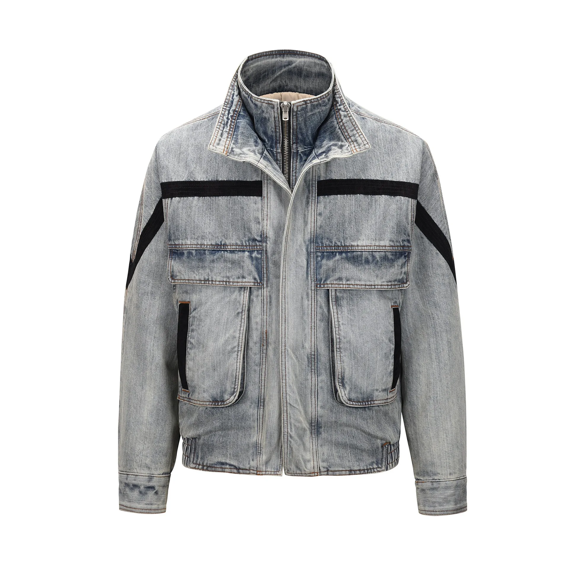 Jaket Denim Pria Kerah Hip Hop Berkerah 