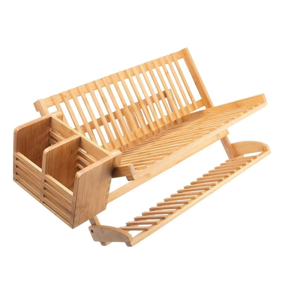 Bamboo Folding Tier Collapsible Drainer Dish Drying Rack With