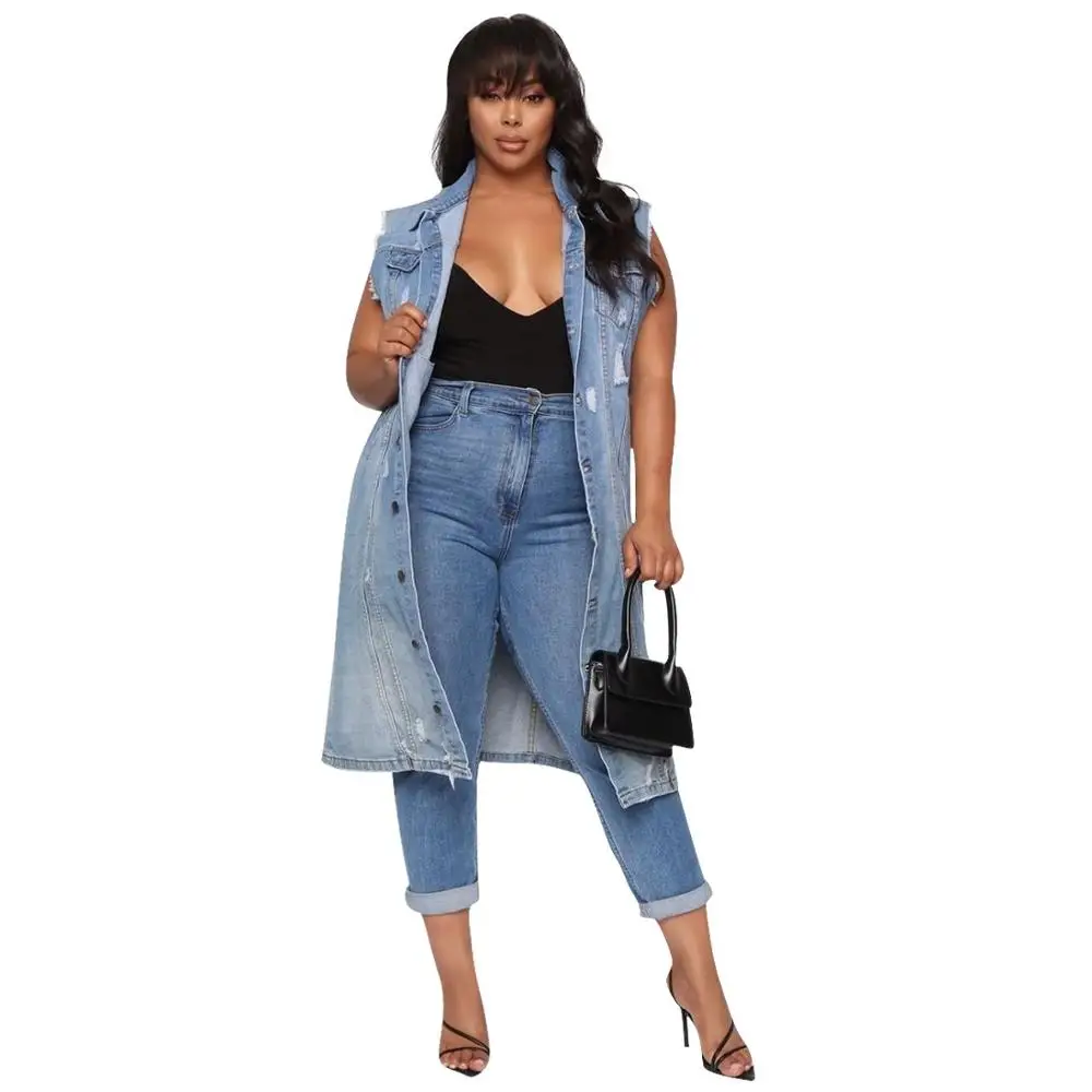 Veste en jean longue sans manche femme Outlet
