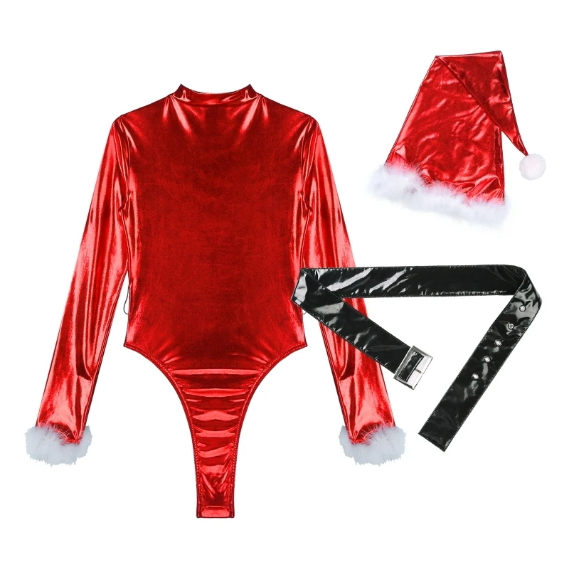 Womens Zipper Stand Collar Catsuit Feather Trim Long Sleeve Patent Leather Christmas Bodysuit