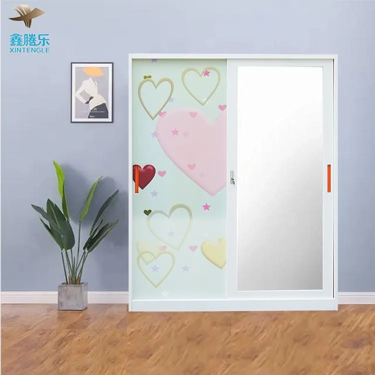 Stainless Steel 2-Door Wardrobe with Sliding Metal Doors Home Furniture Flower Print Storage Cabinet or Lemari Besi