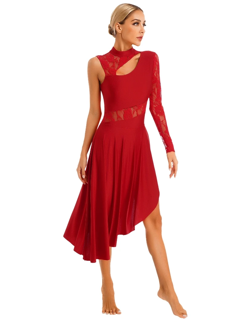 Womens Dance Costumes Sheer Lace Cutout Dance Wear One Shoulder Long
