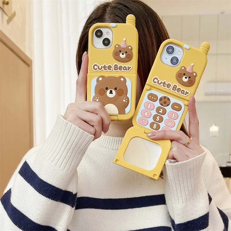 For Apple iPhone15 14 13 12 11 Pro Max Holder Mobile Phone Case Cartoon Cute Bear Mirror Cases Cover