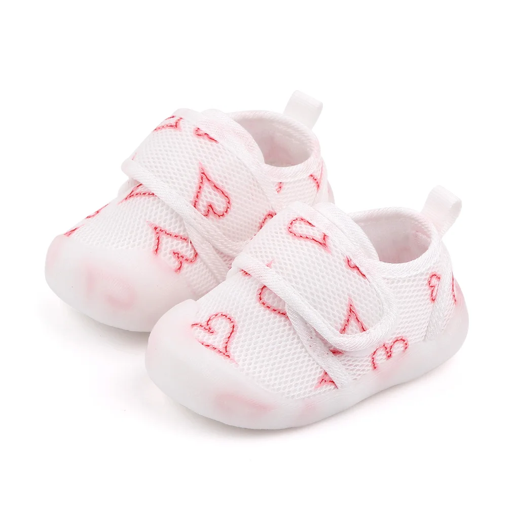 Children's Small White Shoes Breathable Mesh Cloth Heart Stripe Kids Rubber Soled Walking Shoes factory