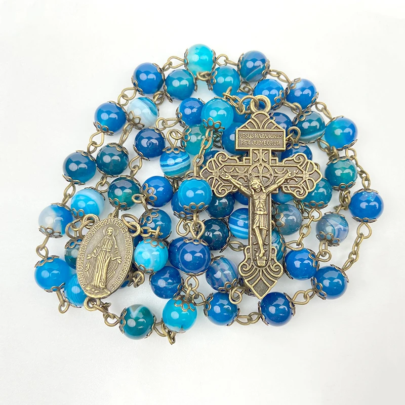 Blue Stripe Agates 8 Mm Handmade Beads With Antique Brass Plated Cap And  Miraculous Medal Catholic Cross Rosary - Buy Real Agates Stone Beaded Catholic  Rosary Necklace With Flower Cap,Blue Stripe Gemstone