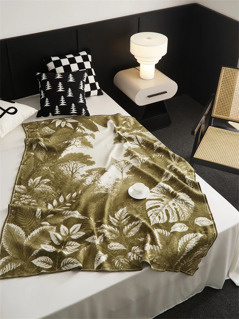 product accept custom super soft and comfortable leaf landscape jacquard knitted throw blanket for home decoration and sofa xge-60