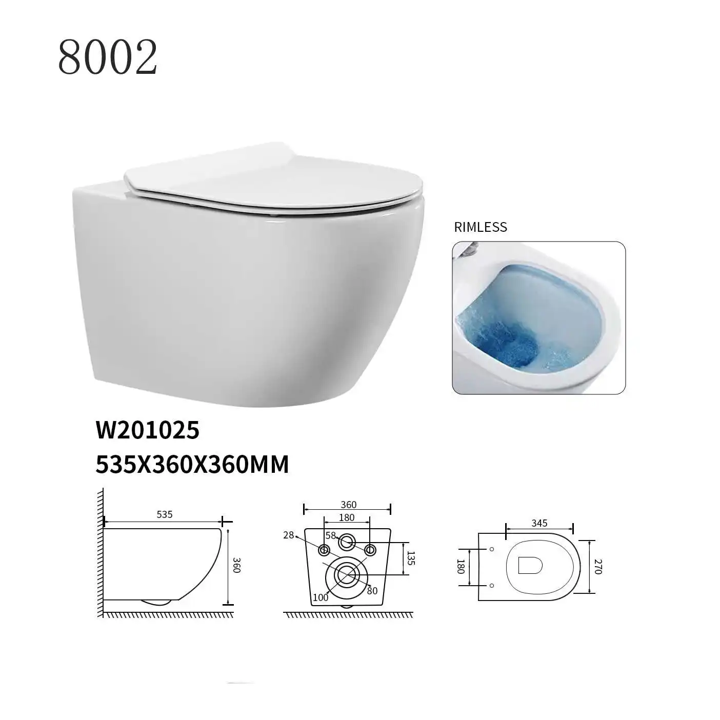 RB-8002 High quality wall-hung toilet ceramic sanitary ware modern design rimless bathroom toilet factory