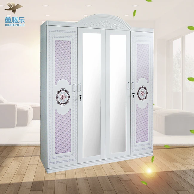 Guangzhou Foshan Factory's 4-Door Steel Wardrobe Mirror Kids Children's Bedroom Furniture Cute Pattern Cloth Baby Cheap Lemari