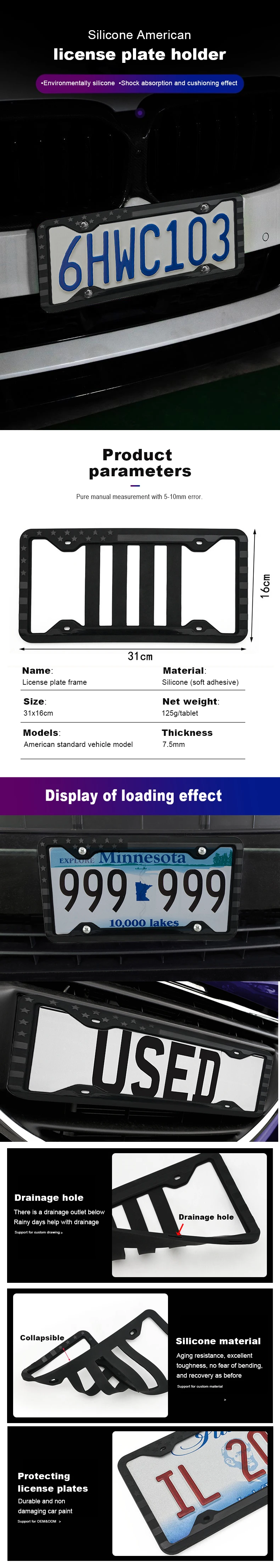Soft Silicone License Plate Frames for USA Cars Easy Installation manufacture