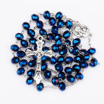 Antique deep blue crystal beads rosary religious beads cross necklace catholic prayer jerusalem holy land soil medal cross