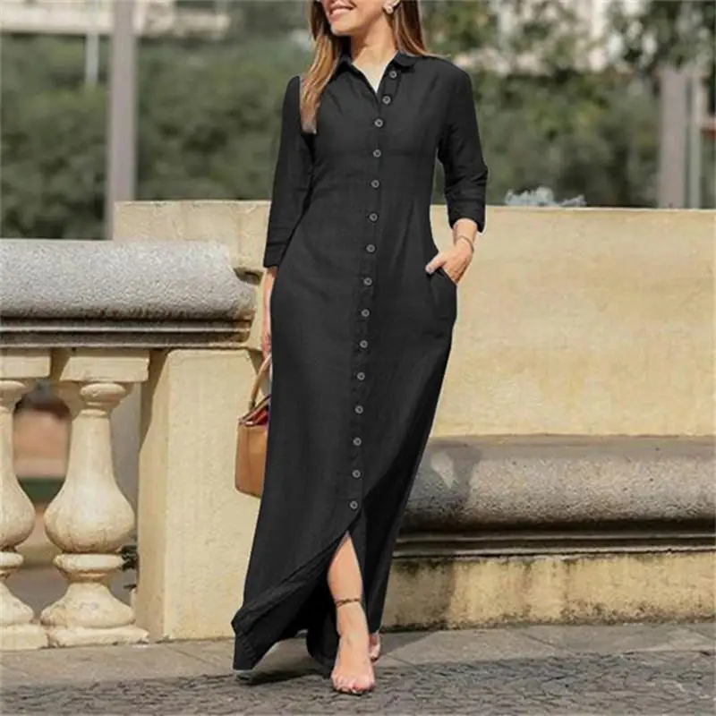 Woman Plus Size Autumn New Casual Long Denim Dress Women's Fashion Solid New Lapel Pocket Button Shirt Dresses factory