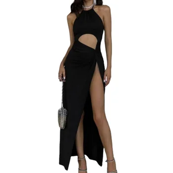 In Stock 2024 Summer Women Clothing Ladies Halter Neck Cut Out Backless Casual Slit Birthday Long Dresses Women Sexy Elegant