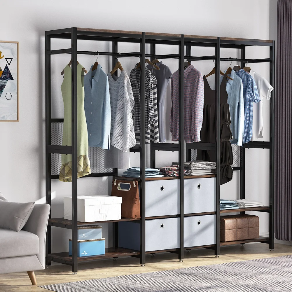 Modern Metal Frame Wooden Clothes Armoire Wardrobe set display shelving rack steel closet organizer bedroom furniture