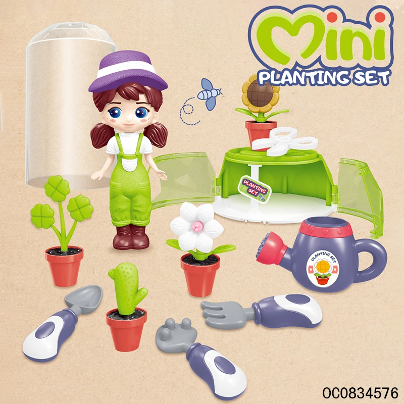 Pretend play 14pcs plastic plant garden tool playset toys for kids with dolls