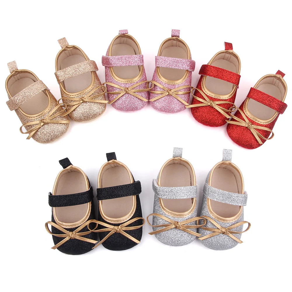 Spring and Autumn Baby Girls Sparkle Solid Color Glitter pink Bow Princess Toddler Shoes factory