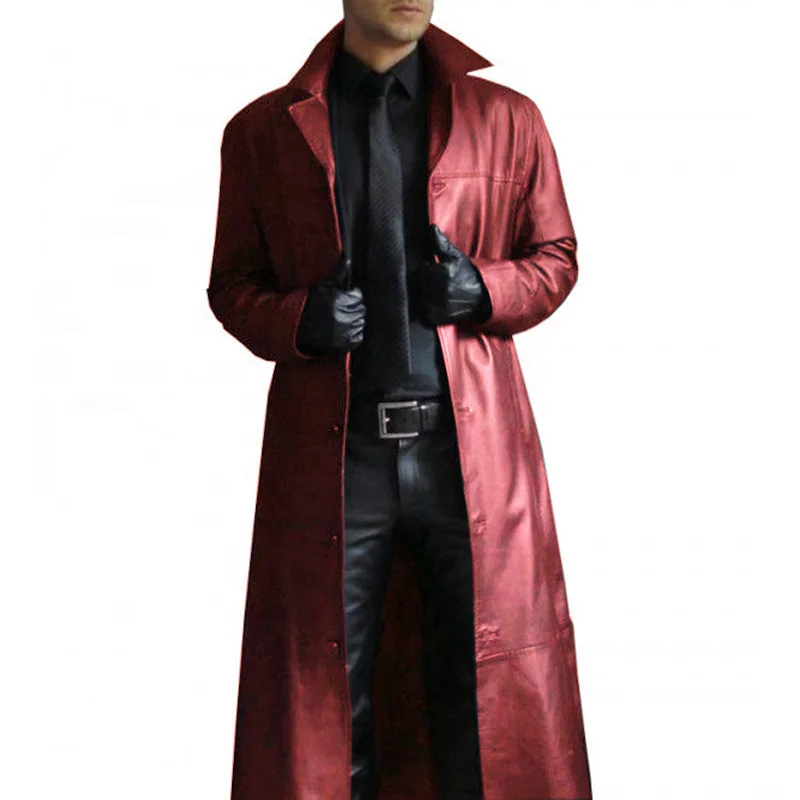 High quality long leather lapel leather jacket for men thickened over knee leather jacket for men