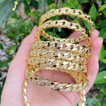 24K Gold Plated Metal Brass Cuban Link Cubic Zircon Hawaiian Cuff Bracelet Bangle 2021 For Women